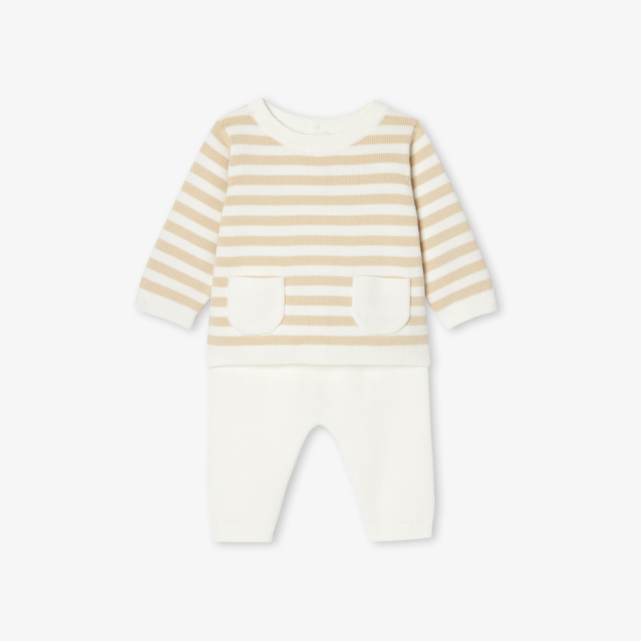 Set tricotat bebelusi cu dungi caramel din bumbac organic