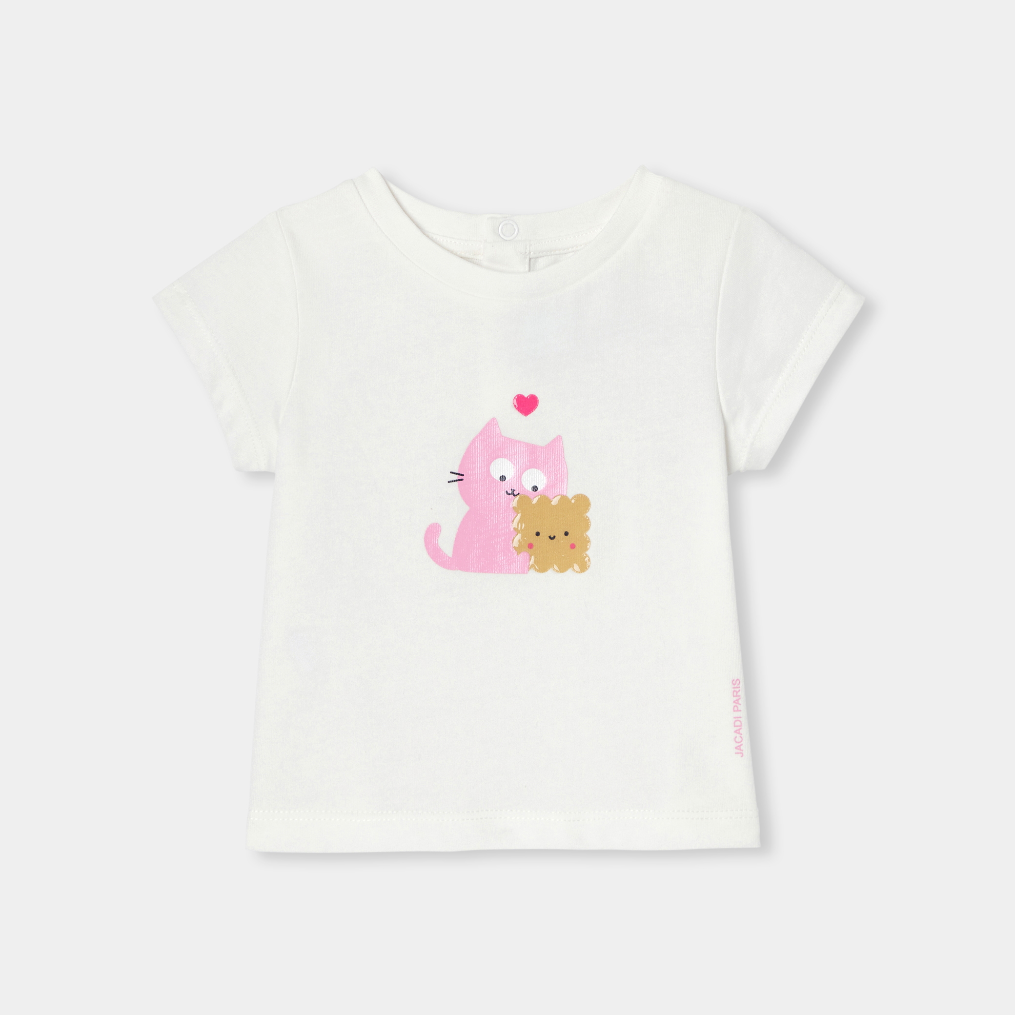 Tricou alb din bumbac organic pentru bebelusi cu imprimeu lucios pisica si ursulet
