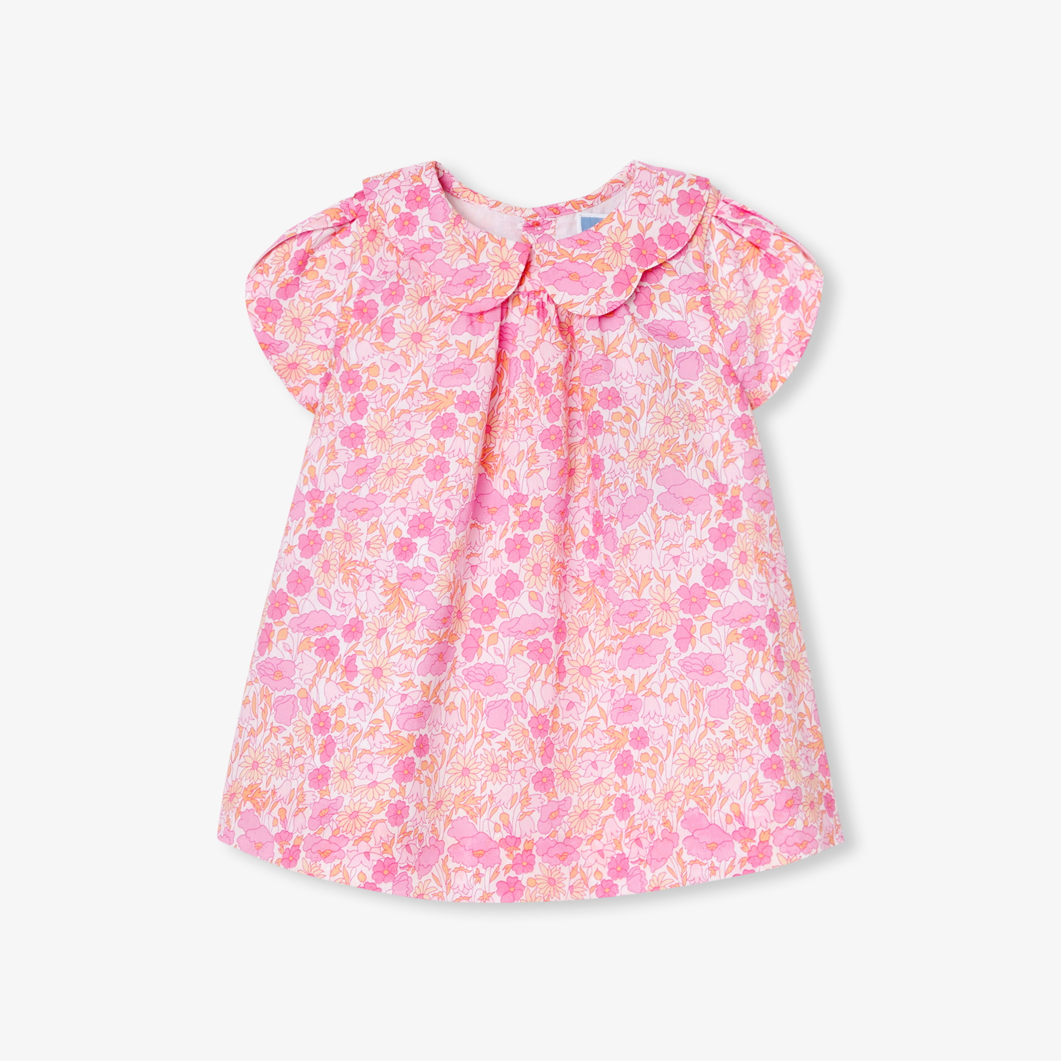 Rochie din bumbac cu imprimeu floral Liberty roz si guler rotunjit