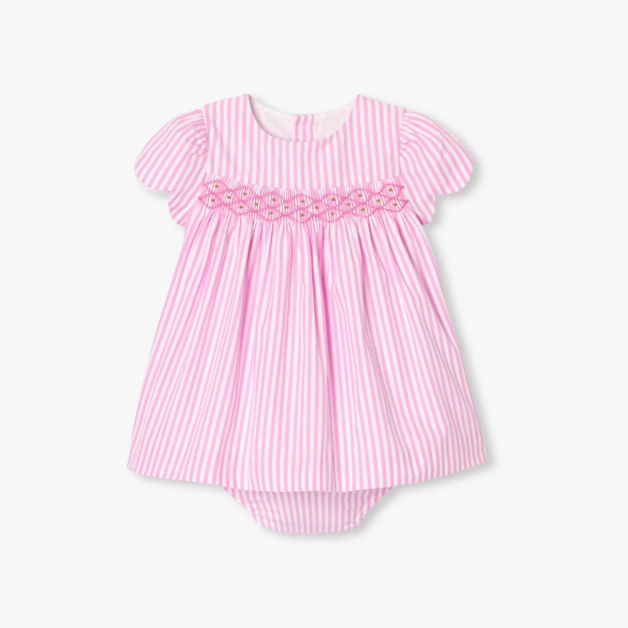 Rochie roz in dungi pentru bebelusi cu broderie si chilot asortat
