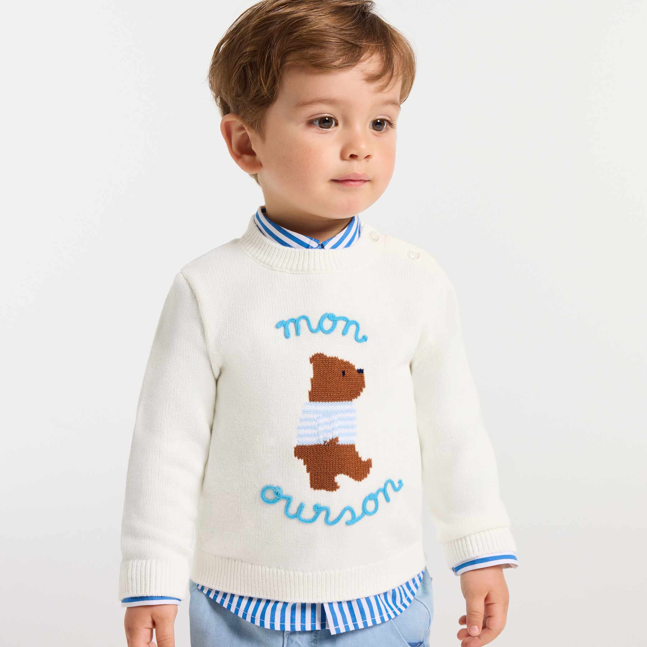 Pulover din bumbac organic pentru baieti cu ursulet brodat