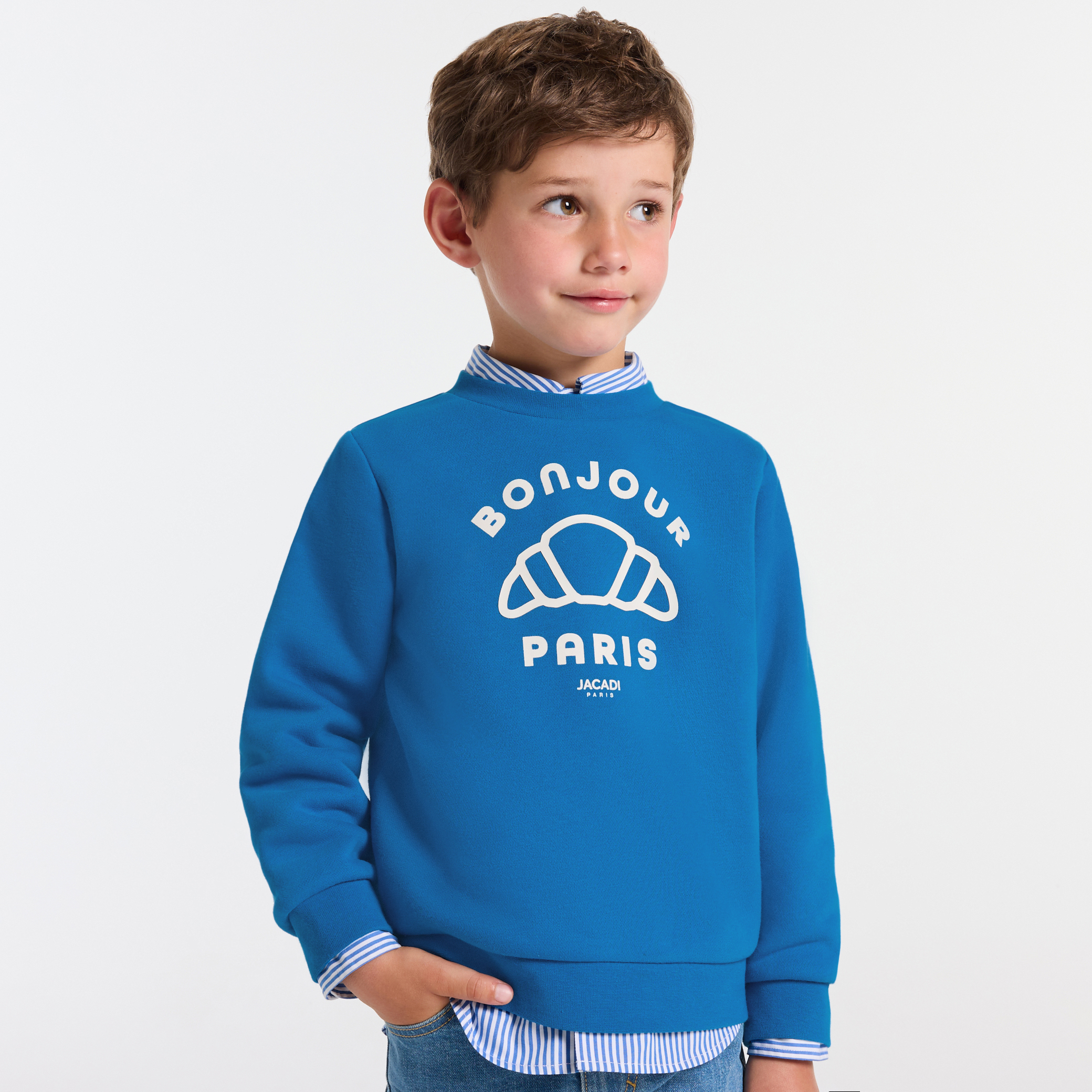 Hanorac baieti albastru din fleece cu imprimeu Bonjour Paris