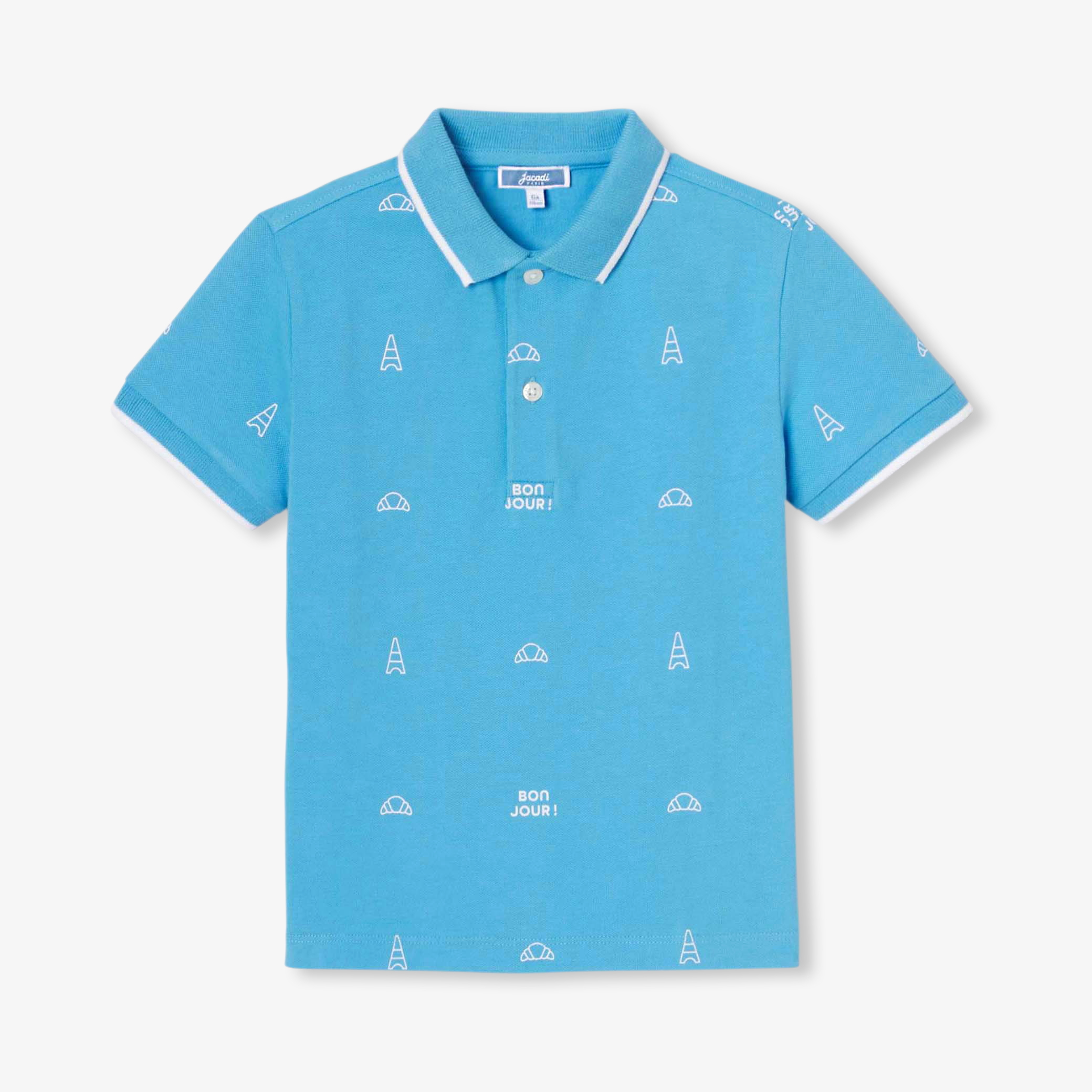 Tricou polo baieti albastru cu imprimeu croissant si Tour Eiffel