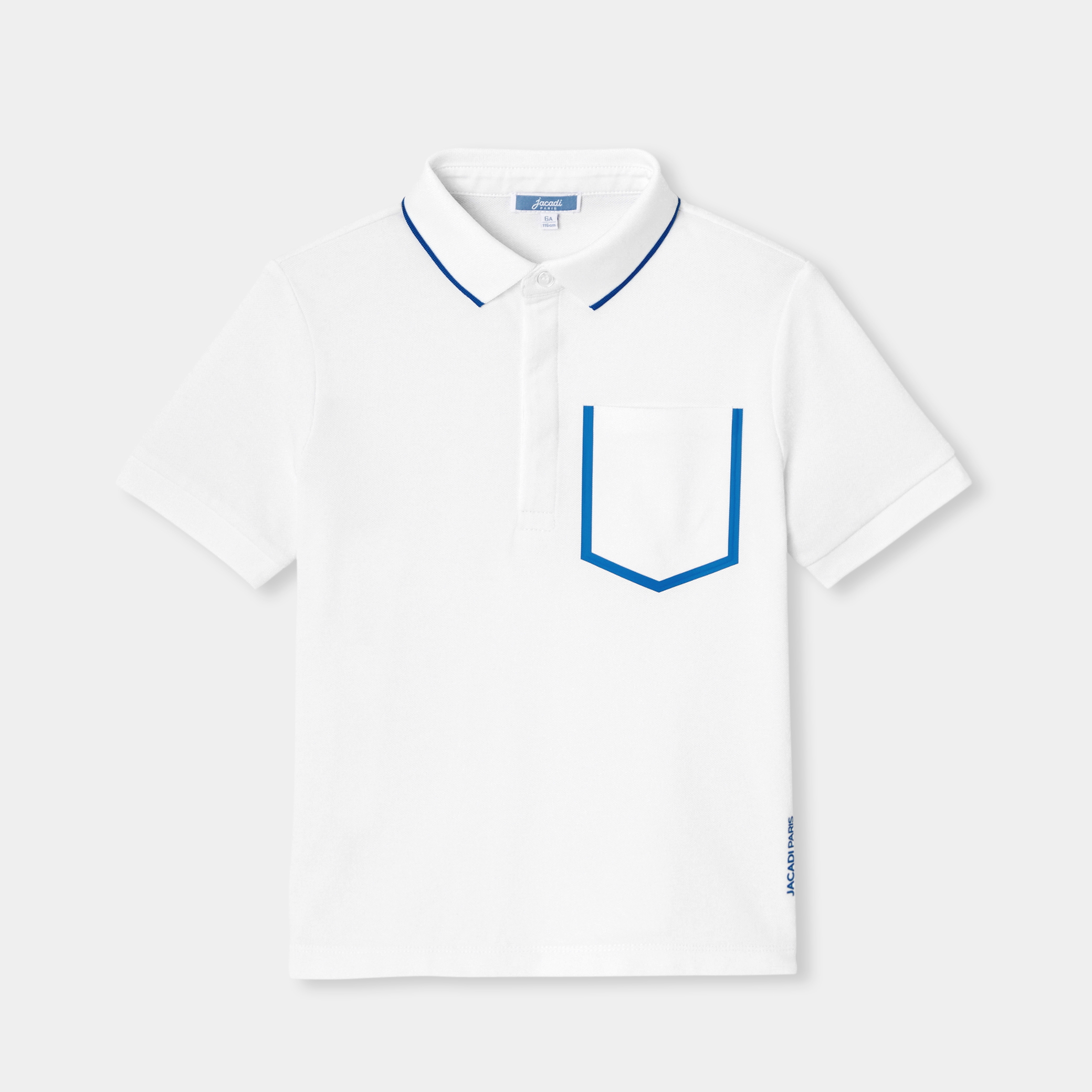 Tricou polo baieti alb din bumbac pique cu buzunar contrastant