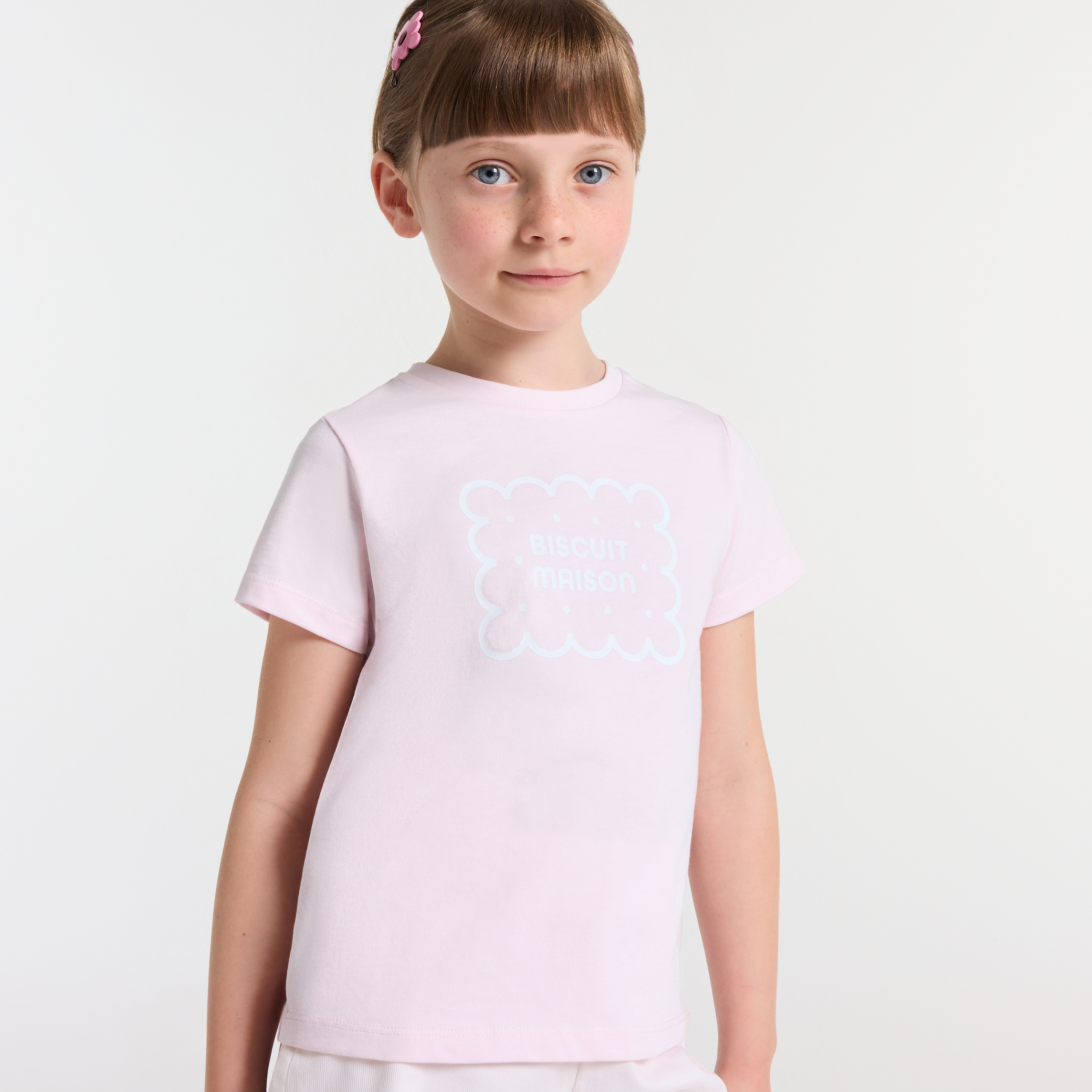 Tricou roz pastel cu biscuit imprimat pentru fete